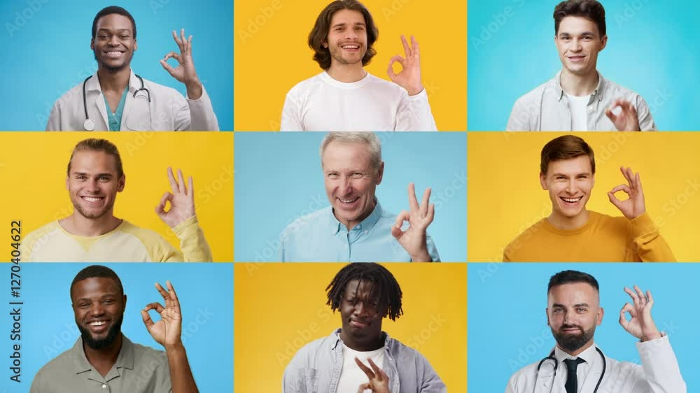 Poster a collage of nine men from different backgrounds making the okay hand gesture. each is smiling again