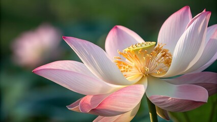Fototapeta premium Lotus Blossom's Gentle Embrace: A delicate lotus flower, its petals a soft blush of pink, opens gracefully, revealing a vibrant yellow center, a testament to nature's exquisite artistry.