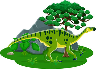 Maiasaura prehistoric dinosaur. Cartoon vector green duck-billed herbivorous dino standing at lush Late Cretaceous landscape with a large tree, rock and plants. Playful, vibrant ancient reptile animal