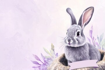 Grey rabbit peeks from a hole, soft violet background with banner space.