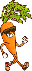 Cartoon groovy carrot vegetable character wearing sunglasses and a big grin, walking with enthusiasm on summer vacation. Vector cheerful veggie retro personage exudes fun and relaxation with y2k twist
