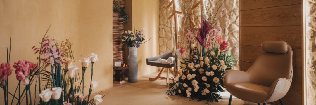 Beautiful spa interior featuring elegant seating and floral arrangements