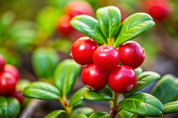Obraz premium Lingonberry fruit images. Fresh fruits close-up photography. Fruit marketing, advertising and blog stock photos.