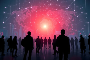 Silhouettes of people standing in a futuristic environment with a glowing digital world map in the background, showcasing interconnected data points and technology.