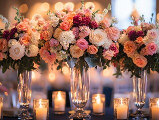 Romantic Peach, Rose, and Burgundy Wedding Centerpieces: Warm, Elegant Floral Arrangement