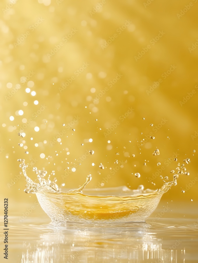 Aufkleber golden liquid bursting in air with splashes and droplets on a soft abstract background