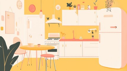 Colorful, stylized kitchen interior, modern design, breakfast nook