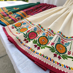 A close-up of intricate embroidery on traditional ethnic skirts in vibrant hues