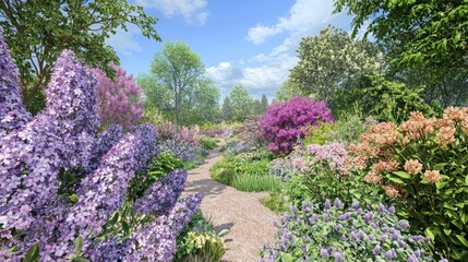 Obraz premium Lush Blooming Flower Garden with Colorful Blossoms and Serene Pathway Under Bright Blue Sky and White Clouds