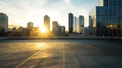 A vast car plaza with a skyline bathed in golden hour light. Featuring optimism and clarity