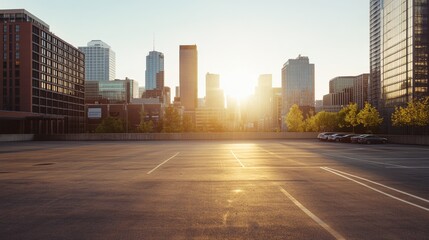Obraz premium A vast car plaza with a skyline bathed in golden hour light. Featuring optimism and clarity