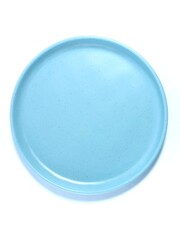 Top view of Empty flat blue plate isolated on white background
