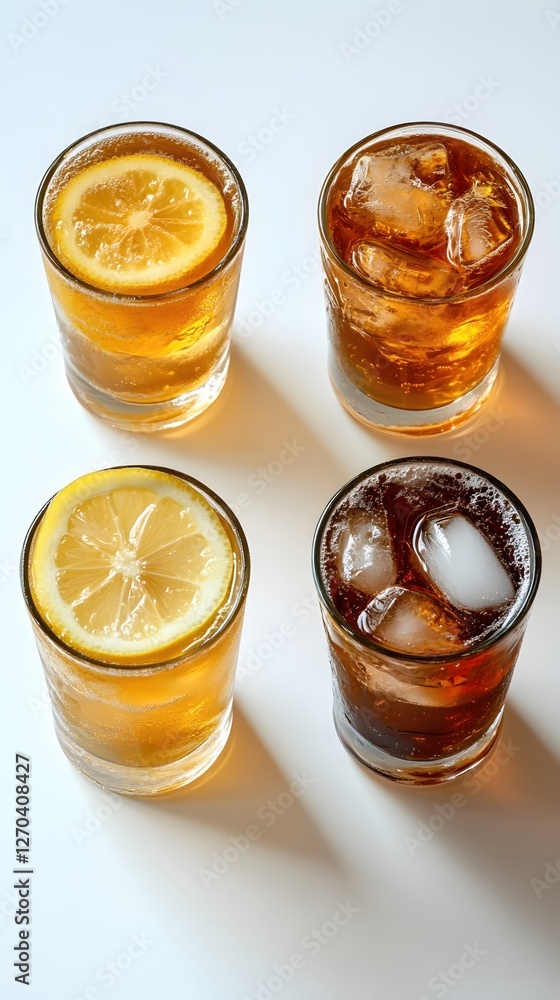 Poster refreshing drinks with lemon and ice cubes on a clean white surface overhead view