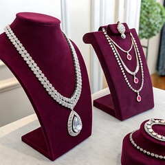 A close-up of sparkling gemstone necklaces displayed on a velvet stand under soft lighting