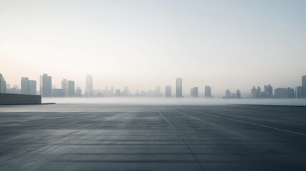 A vast car plaza with a skyline framed by morning fog. Featuring calm and discovery