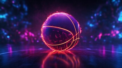 A glowing purple basketball with fiery red outlines resting on a court with a blue and purple bokeh background