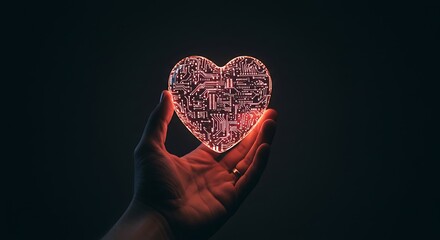Glowing circuit heart in hand - digital love - tech blog,cybersecurity concept