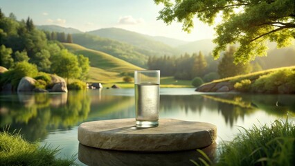 A glass of pure water rests on a stone, by a tranquil lake reflecting the serene landscape of rolling hills and lush greenery under a warm, sunny sky.