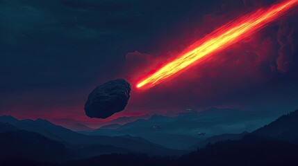 Asteroid impact concept. A meteor streaking through a dramatic sky, illuminating the landscape below.