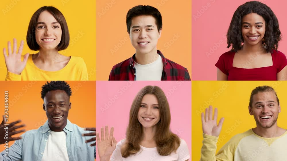 Poster A collage of multiracial individuals smiling and waving hello in bright backgrounds. Each person expresses joy and positivity, creating a lively atmosphere of connection.
