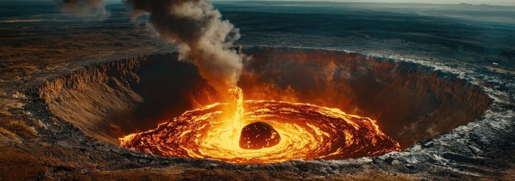 Asteroid impact concept. A breathtaking view of a volcanic eruption with lava and smoke rising into the sky.