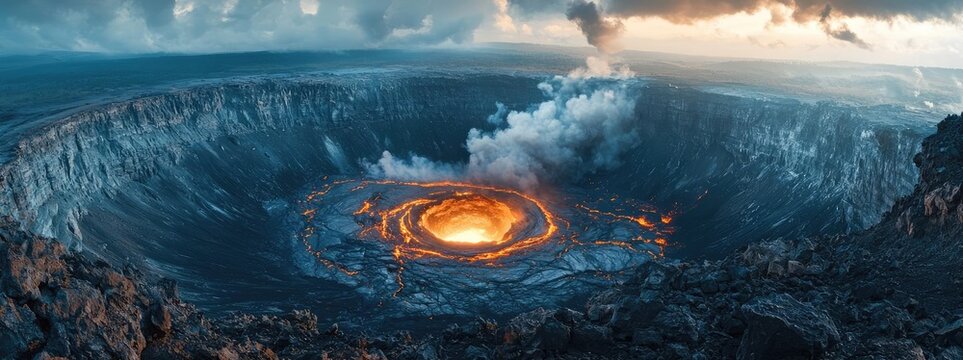 Asteroid impact concept. A breathtaking view of an active volcano with lava and smoke against a dramatic sky.