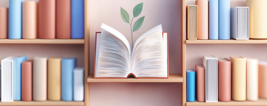 A vibrant open book with a plant sprouting from its pages, surrounded by colorful books on shelves, symbolizing growth and knowledge.