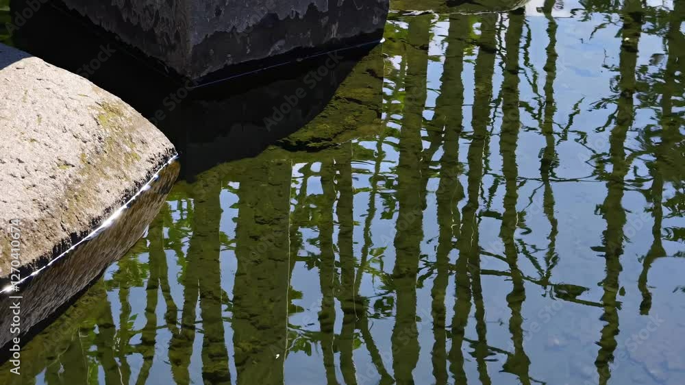 Poster A serene video captures the reflection of tall trees in a pond, viewed from a low angle, creating a tranquil and abstract visual effect.