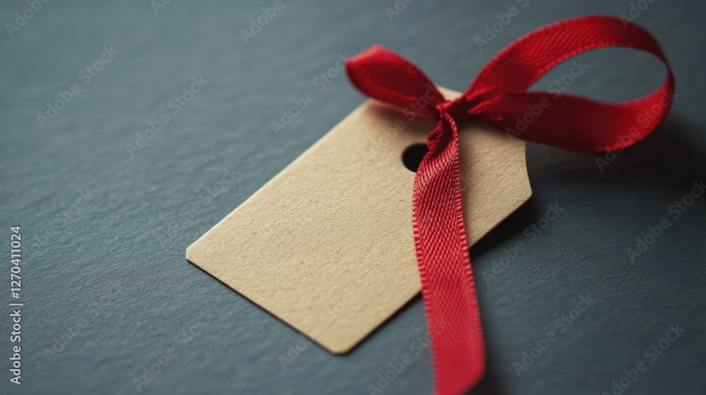 Poster plain gift tag with red ribbon on a simple background ready for personalized messages or holiday wis