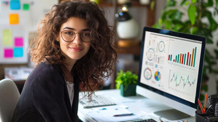 A young woman with glasses and curly hair sits at a table in front of a computer monitor with various business charts and graphs. A young specialist at work