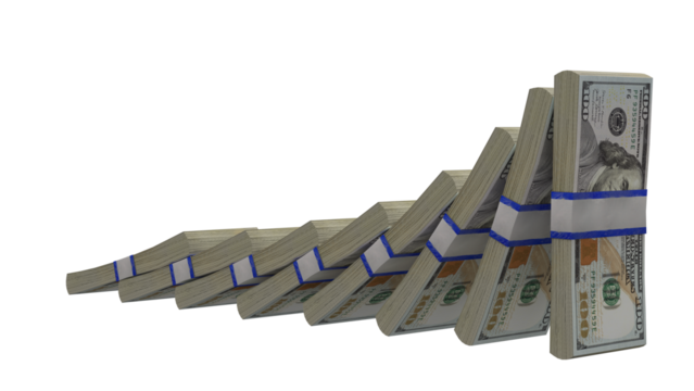 Stacks of US Dollar bills falling in domino effect