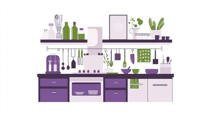 Fototapeta premium Modern kitchen interior with utensils and herbs; illustration