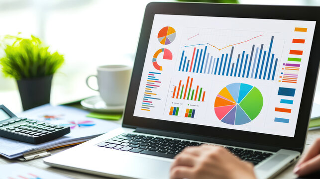 The concept of a business plan. Financial strategy. A colorful pie chart, graphs, and various data are displayed on the laptop screen. Data analysis or financial information