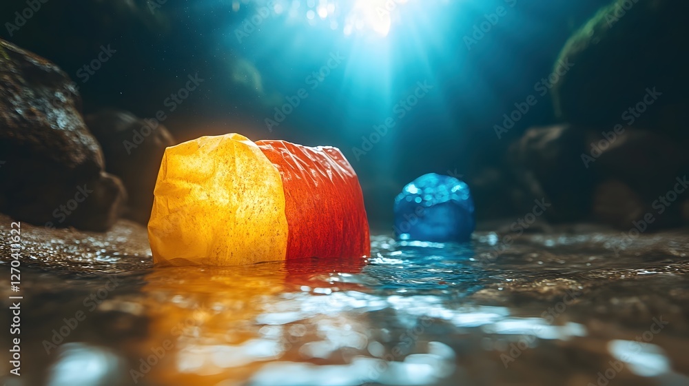 Poster abstract colorful rocks in water with light beams creating a dreamy and serene atmosphere