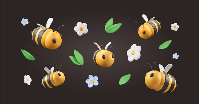 Background with 3d bee, flowers and leaves. Plasticine chamomiles, plastic abstract insects flying on black backdrop. Vector illustration. Summer banner. Blossom elements.