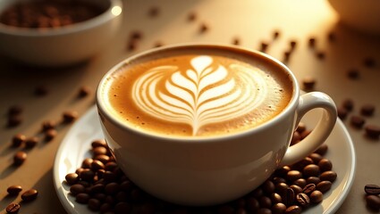 Sunny Caf&eacute; Latte Art with Coffee Beans and Window Light