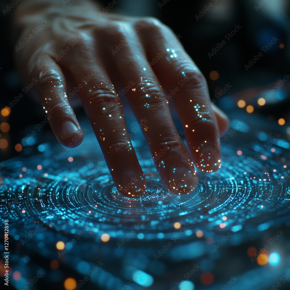 Aufkleber exploring the digital frontier: a hand interacting with futuristic interface technology, illuminatin