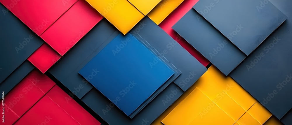 Poster geometric composition of interlocking squares in primary colors creates a modern abstract design