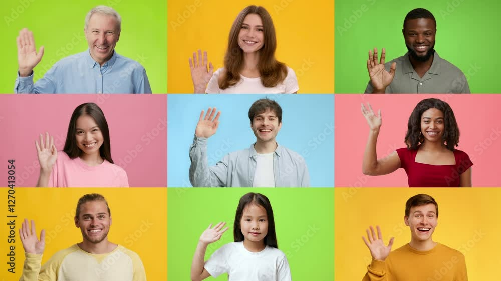 Poster a vibrant collage features multiracial people of various ages joyfully waving hello. each person dis