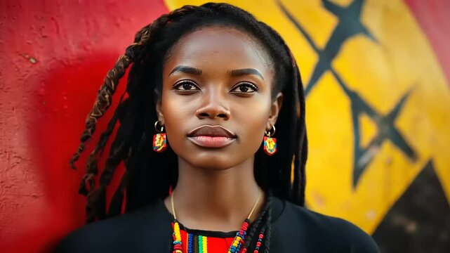 A portrait of a woman with dreadlocks against a vibrant, colorful background.