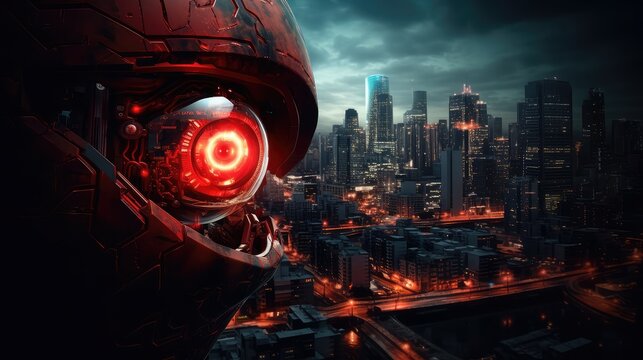 cityscape red robot eye