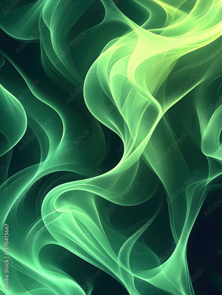 Poster ethereal green light trails flowing and dancing in a dark void abstract background art