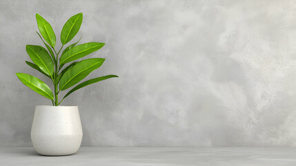 Small potted plant on grey wall background