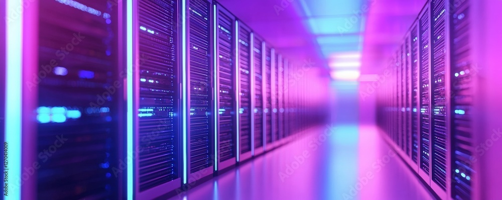 Poster a vibrant server room with glowing lights and rows of servers, creating a futuristic tech atmosphere