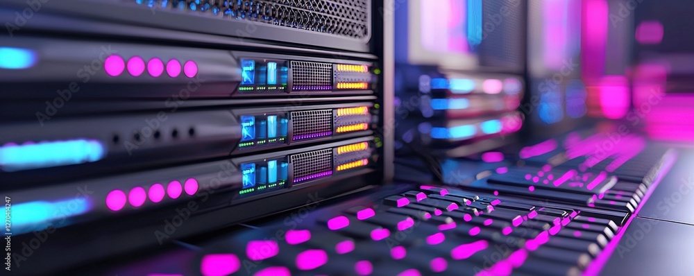Poster a close-up view of server racks featuring colorful led lights in a modern data center, showcasing ad