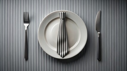 Striped Necktie on a Plate with Fork and Knife A Still Life Image of Formal Dining
