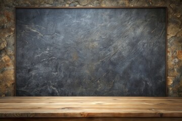 Rustic Wooden Tabletop Display in Front of a Textured Dark Slate Background, Ideal for Product Presentation or Mockups