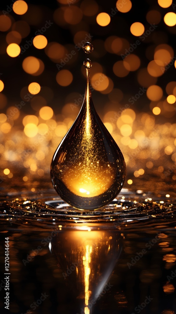 Poster glimmering liquid drop suspended above rippling surface with golden bokeh background