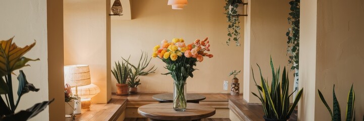 Interior features a round table vase and numerous potted plants