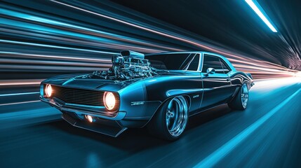 Obraz premium Classic Muscle Car Speeding Through Neon Tunnel